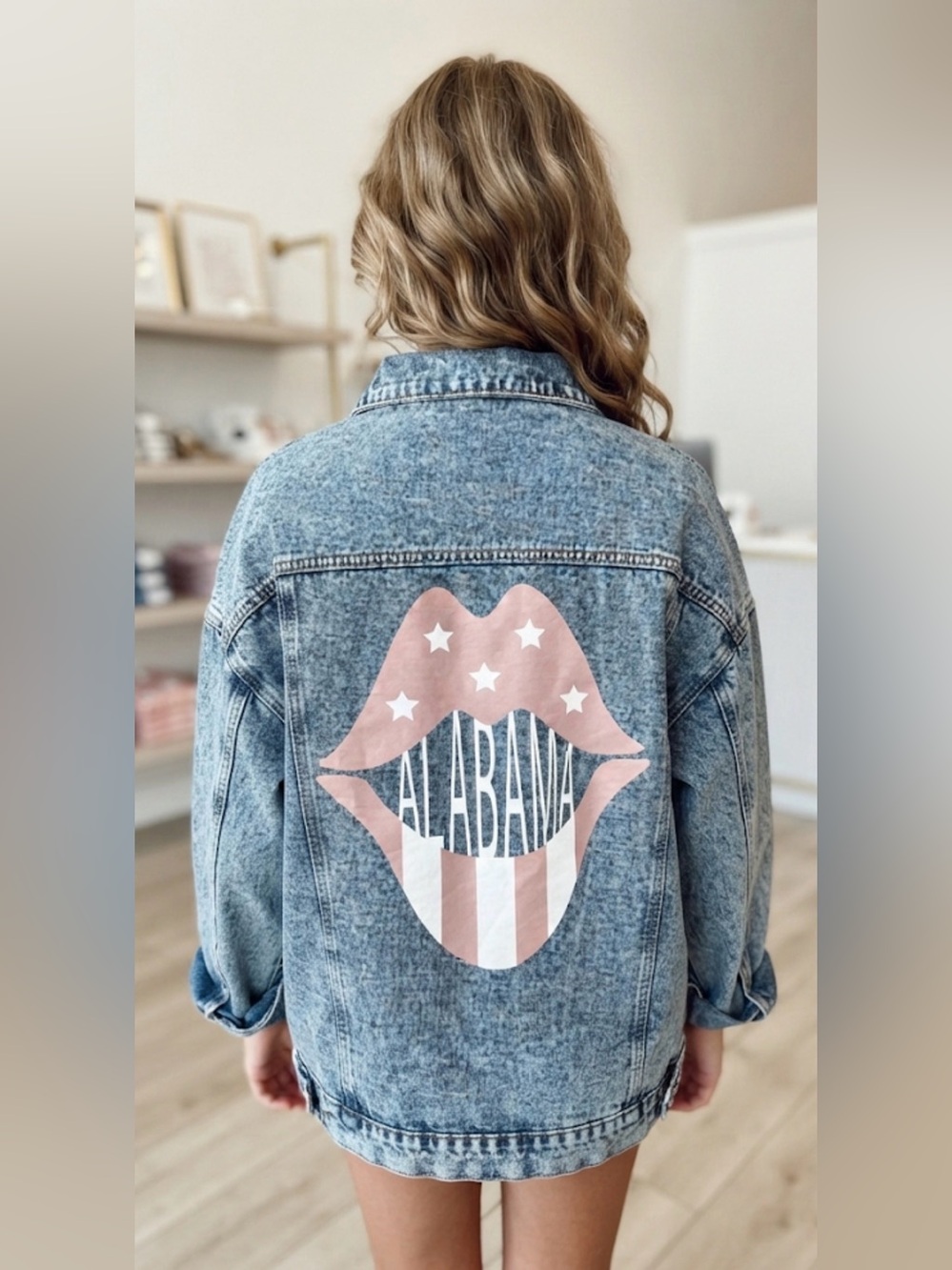 RIVALRY RUNWAY Alabama Light Pink Lips Denim Jacket